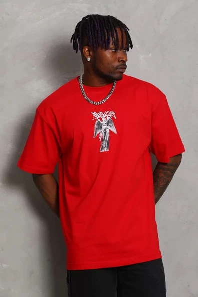 Unisex Oversize Baskılı Bisiklet Yaka T-Shirt - Kırmızı ürün görseli