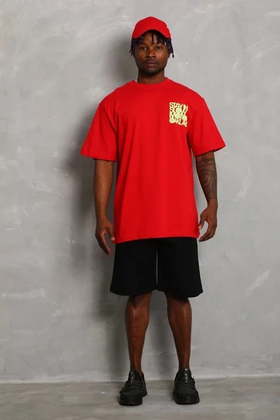 Unisex Oversize Baskılı Bisiklet Yaka T-Shirt - Kırmızı - 3