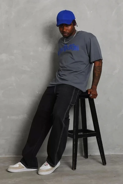 Unisex Oversize Baskılı Bisiklet Yaka T-Shirt - Füme - Resim 2