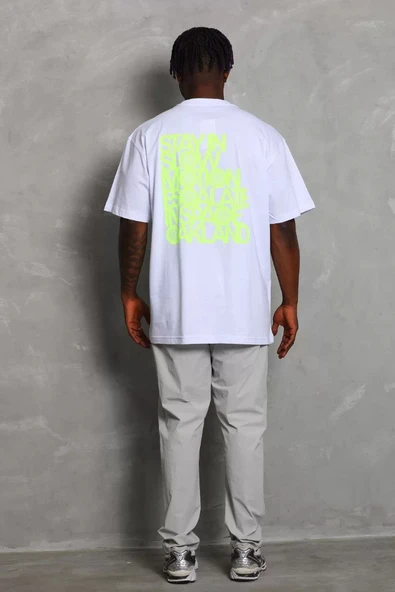 Unisex Oversize Baskılı Bisiklet Yaka T-Shirt - Beyaz - Resim 4