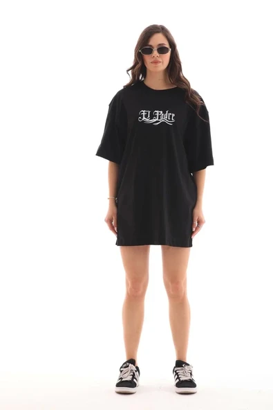 Unisex Bisiklet Yaka Baskılı Oversize T-Shirt - Siyah ürün görseli