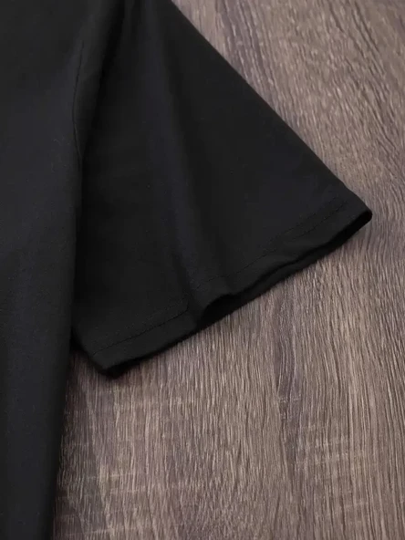 20/1 Penye Compack Baskılı Oversize Bisiklet Yaka Kısa Kol Yazlık T-shirt - Siyah - 5
