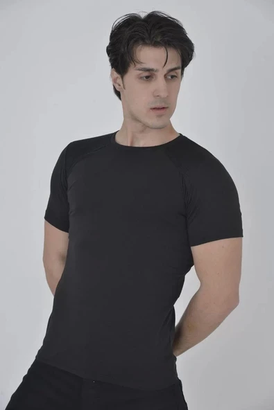 Erkek Omuz Fileli Slim Fit T-shirt - Siyah - Resim 2