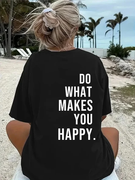 Do What Makes You Happy Unisex Linemen Oversize Baskılı T-shirt - Siyah ürün görseli