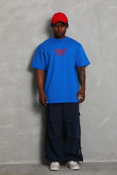 Unisex Oversize Baskılı Bisiklet Yaka T-Shirt - Mavi - 2