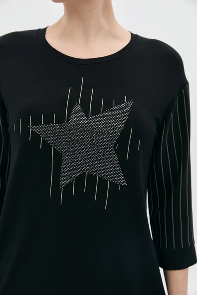 YILDIZ APLİKELİ TAŞLI ÇİZGİLİ TRUVAKARTSHİRT - Resim 4