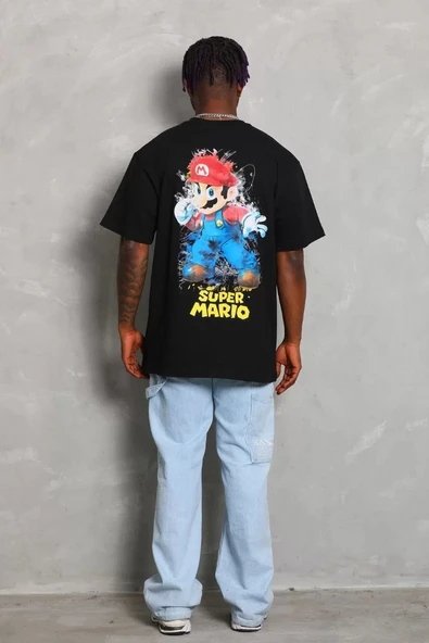 Unisex Oversize Baskılı Bisiklet Yaka T-Shirt - Siyah - 5