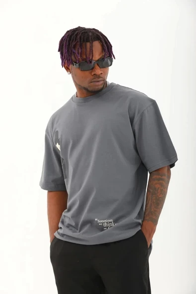 Unisex Oversize Baskılı Bisiklet Yaka T-Shirt - Füme ürün görseli