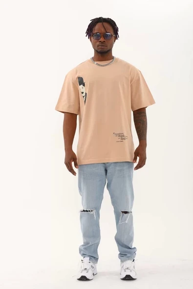 Unisex Oversize Baskılı Bisiklet Yaka T-Shirt - Bej - Resim 4