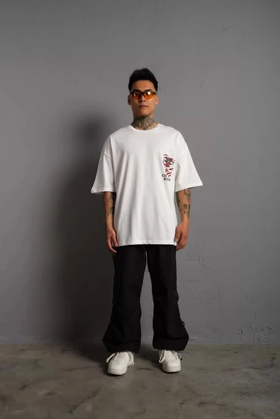 Erkek Sırt Baskılı A Kalite Oversize T-shirt - Beyaz ürün görseli