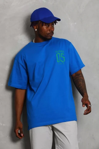 Unisex Oversize Baskılı Bisiklet Yaka T-Shirt - Mavi - 1