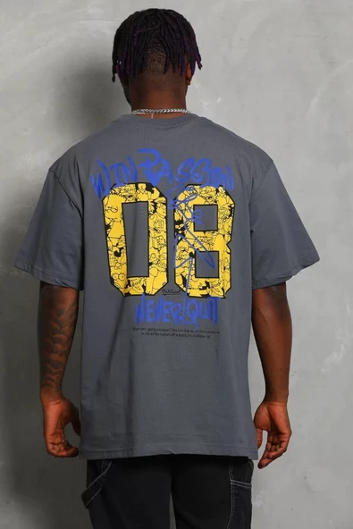 Unisex Oversize Baskılı Bisiklet Yaka T-Shirt - Füme - Resim 4