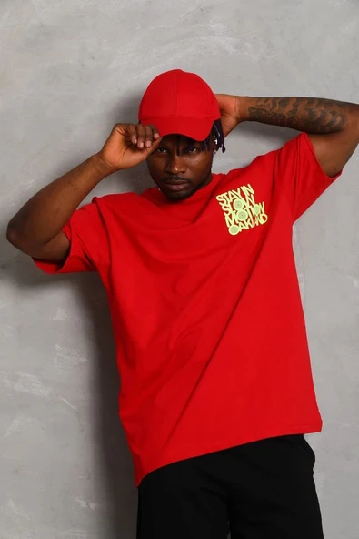 Unisex Oversize Baskılı Bisiklet Yaka T-Shirt - Kırmızı - 2