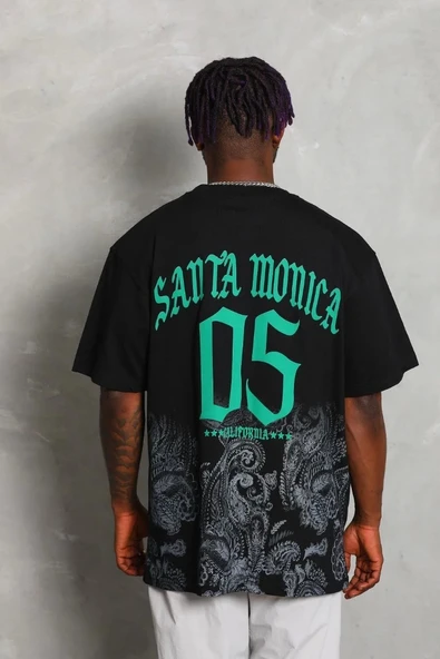 Unisex Oversize Baskılı Bisiklet Yaka T-Shirt - Siyah - Resim 3