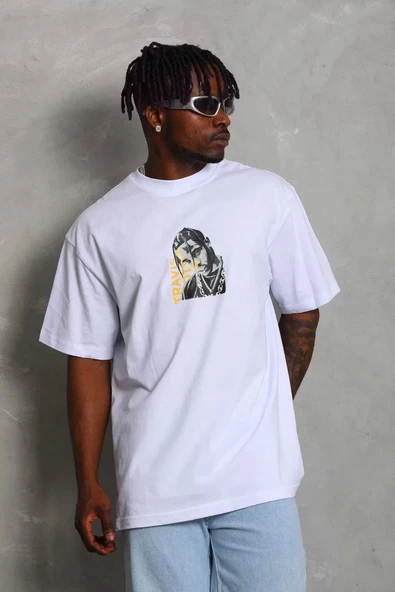 Unisex Oversize Baskılı Bisiklet Yaka T-Shirt - Beyaz - Resim 2