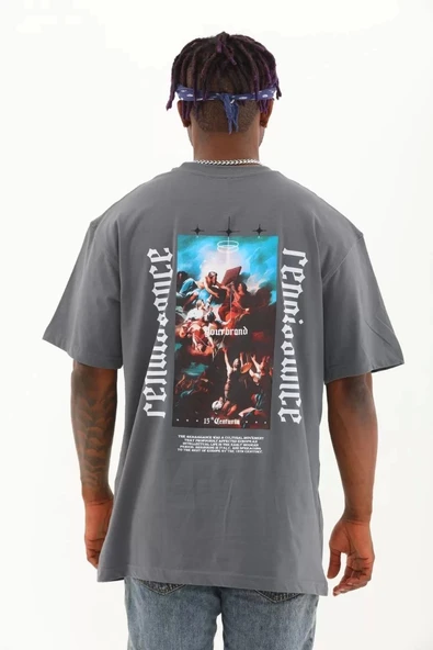 Unisex Oversize Baskılı Bisiklet Yaka T-Shirt - Füme - Resim 5