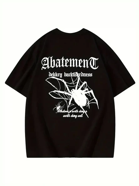 Örümcek Ağı Desenli Baskılı Oversize Bisiklet Yaka T-shirt - Siyah - Resim 3