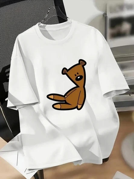 20/1 Penye Compack Ayı Baskılı Oversize Bisiklet Yaka Kısa Kol T-shirt - Beyaz ürün görseli