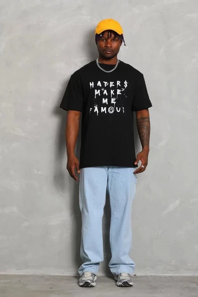 Unisex Oversize Baskılı Bisiklet Yaka T-Shirt - Siyah - 3