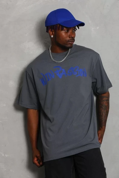 Unisex Oversize Baskılı Bisiklet Yaka T-Shirt - Füme - Resim 5