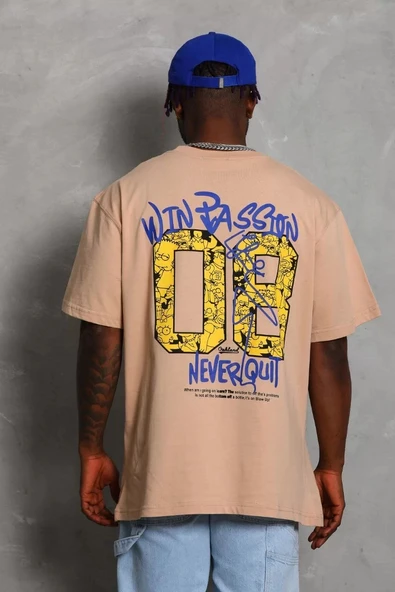 Unisex Oversize Baskılı Bisiklet Yaka T-Shirt - Bej - Resim 5