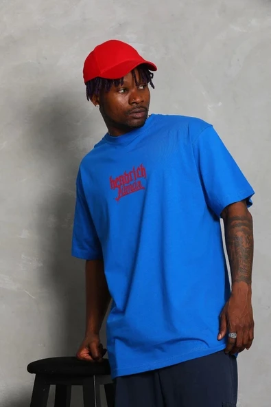 Unisex Oversize Baskılı Bisiklet Yaka T-Shirt - Mavi - 1
