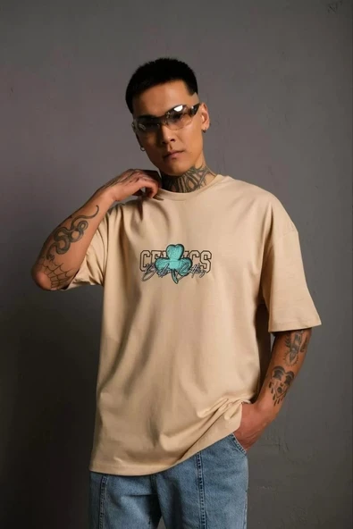 Erkek Sırt Baskılı T-shirt - Bej - Resim 2