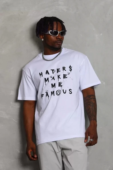 Unisex Oversize Baskılı Bisiklet Yaka T-Shirt - Beyaz - Resim 2