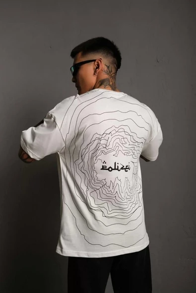 Erkek Bisiklet Yakalı Sırt Baskılı Oversize T-Shirt - Beyaz ürün görseli