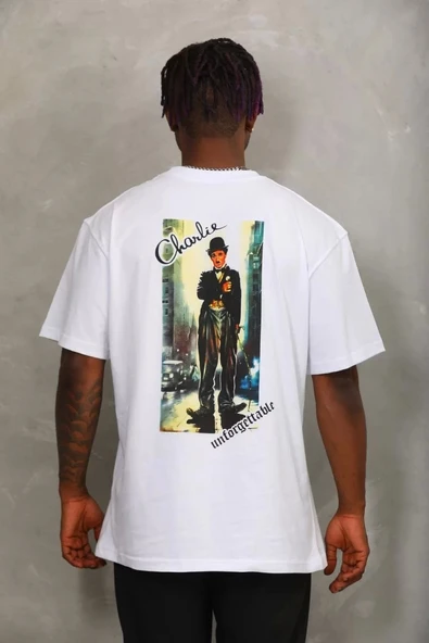 Unisex Oversize Baskılı Bisiklet Yaka T-Shirt - Beyaz - Resim 5