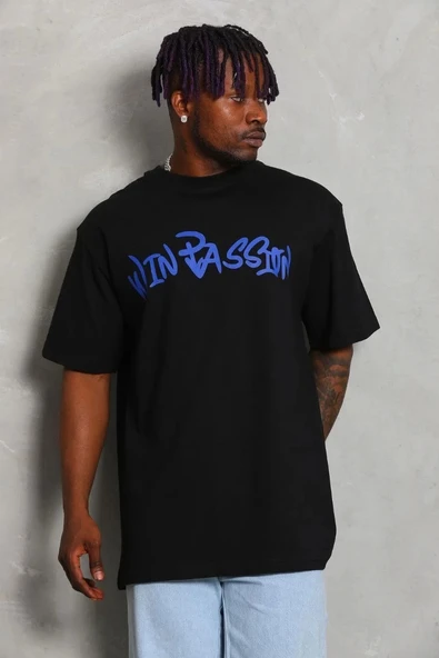 Unisex Oversize Baskılı Bisiklet Yaka T-Shirt - Siyah - Resim 3