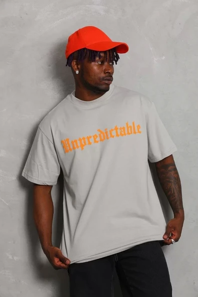 Unisex Oversize Baskılı Bisiklet Yaka T-Shirt - Gri - Resim 4