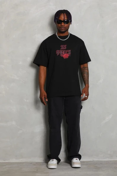 Unisex Oversize Baskılı Bisiklet Yaka T-Shirt - Siyah ürün görseli