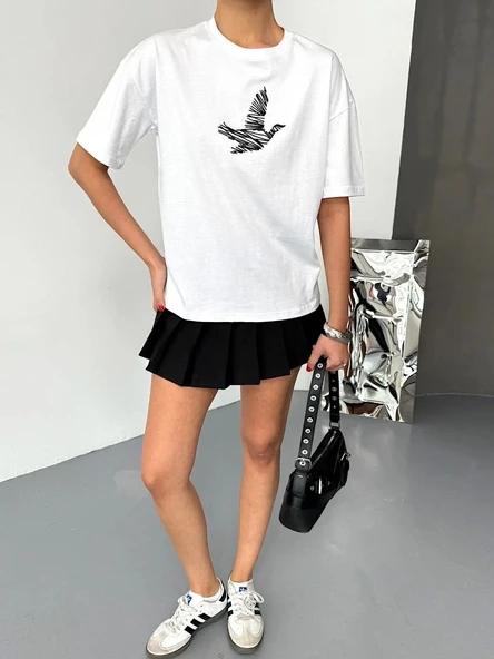 Kısa Kol Baskılı T-shirt - Beyaz - 7