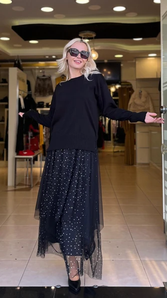 TÜL VE TAŞ DETAYLI ETEK - Resim 4