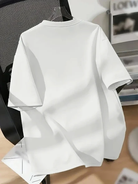 20/1 Penye Compack Ayı Baskılı Oversize Bisiklet Yaka Kısa Kol T-shirt - Beyaz - Resim 2