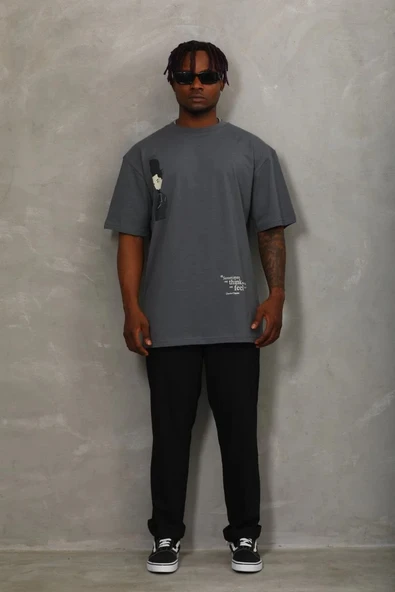 Unisex Oversize Baskılı Bisiklet Yaka T-Shirt - Füme - Resim 3