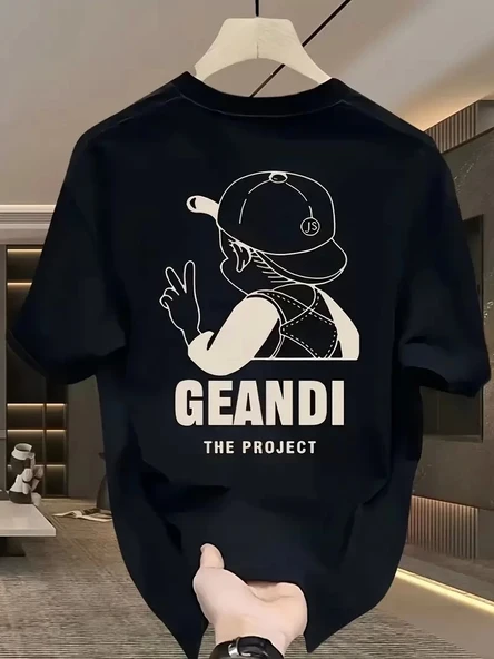 Geniş Kesim Pamuklu Tişört - "GANDHI The Project" Baskılı, Siyah, Rahat Kesim, Kısa Kollu, Günlük Kıyafet, Her Gün Giyil ürün görseli