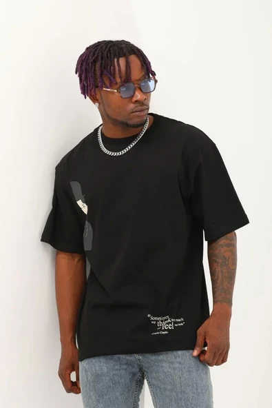 Unisex Oversize Baskılı Bisiklet Yaka T-Shirt - Siyah - Resim 2