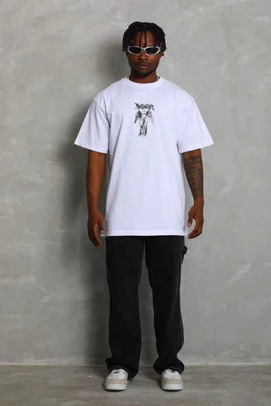 Unisex Oversize Baskılı Bisiklet Yaka T-Shirt - Beyaz - Resim 3