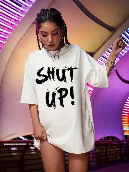 20/1 Penye Compack Oversize Beyaz Shut Up Kısa Kol Yazlık Tişört - Beyaz - 1