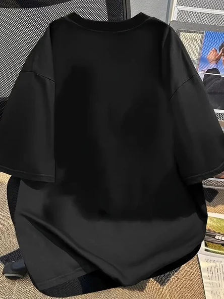 20/1 Penye Compack Baskılı Oversize Bisiklet Yaka Kısa Kol Yazlık T-shirt - Siyah - Resim 2