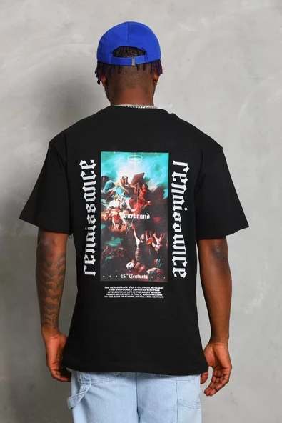 Unisex Oversize Baskılı Bisiklet Yaka T-Shirt - Siyah - Resim 5