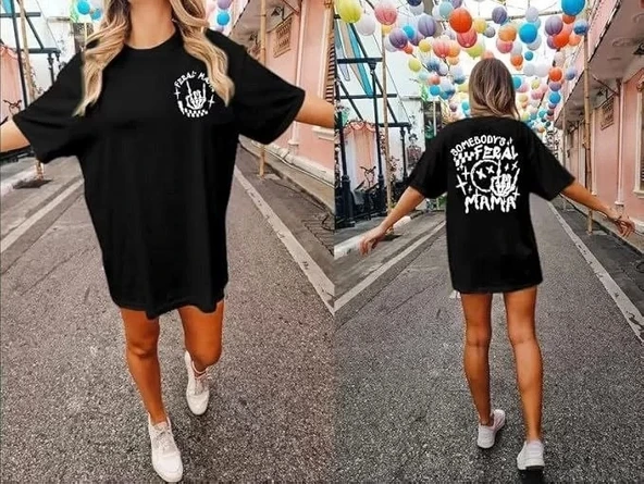 Kadın Bisiklet Yaka Baskılı T-shirt - Siyah - Resim 4