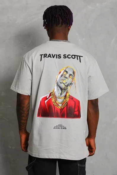 Unisex Oversize Baskılı Bisiklet Yaka T-Shirt - Gri - Resim 5