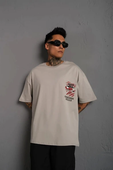 Erkek Sırt Baskılı A Kalite Oversize T-shirt - Gri - 2