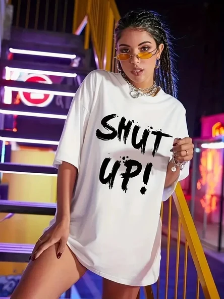 20/1 Penye Compack Oversize Beyaz Shut Up Kısa Kol Yazlık Tişört - Beyaz - 4