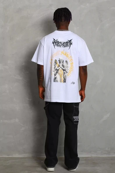 Unisex Oversize Baskılı Bisiklet Yaka T-Shirt - Beyaz - Resim 4