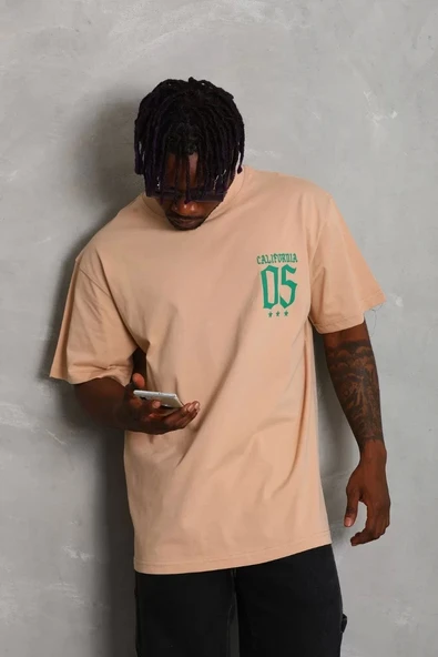 Unisex Oversize Baskılı Bisiklet Yaka T-Shirt - Bej - 3