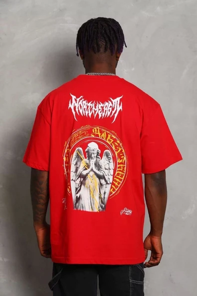 Unisex Oversize Baskılı Bisiklet Yaka T-Shirt - Kırmızı - Resim 5